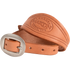 Natural smooth leather stirrup hobble strap rolled up, seen up close. The light leather shows the Martin maker stamp behind the cart buckle.