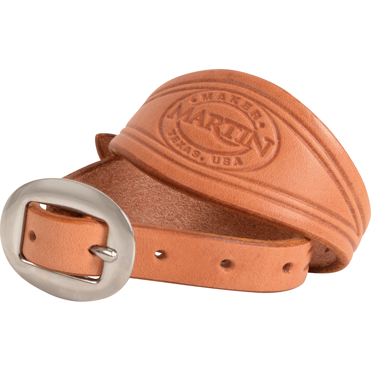 Natural smooth leather stirrup hobble strap rolled up, seen up close. The light leather shows the Martin maker stamp behind the cart buckle.