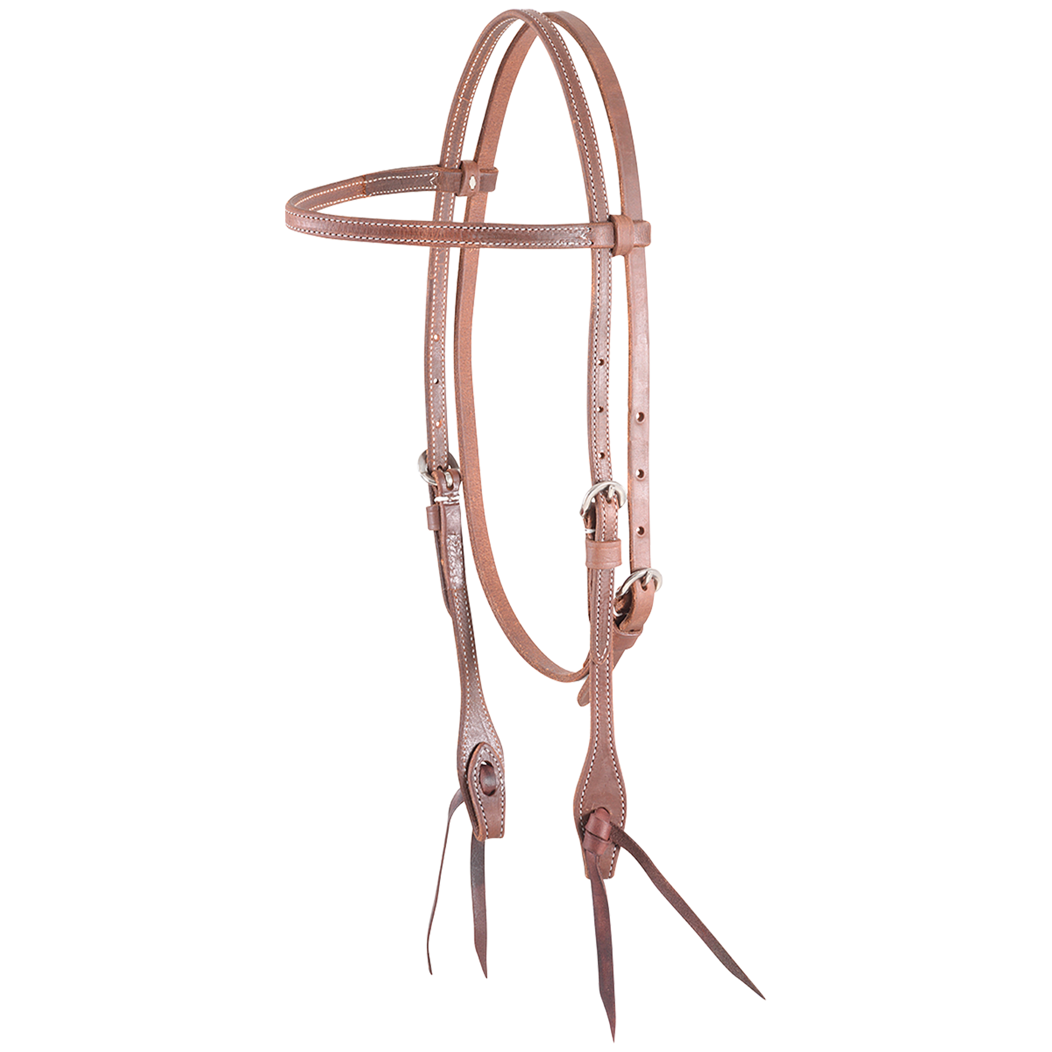 Natural harness leather browband headstall, seen from the front quarter. The 1/2-inch stitched straps have buckles at the cheeks and bit ties at the ends.