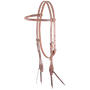 Natural harness leather browband headstall, seen from the front quarter. The 1/2-inch stitched straps have buckles at the cheeks and bit ties at the ends.