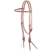 Natural harness leather browband headstall, seen from the front quarter. The 1/2-inch stitched straps have buckles at the cheeks and bit ties at the ends.