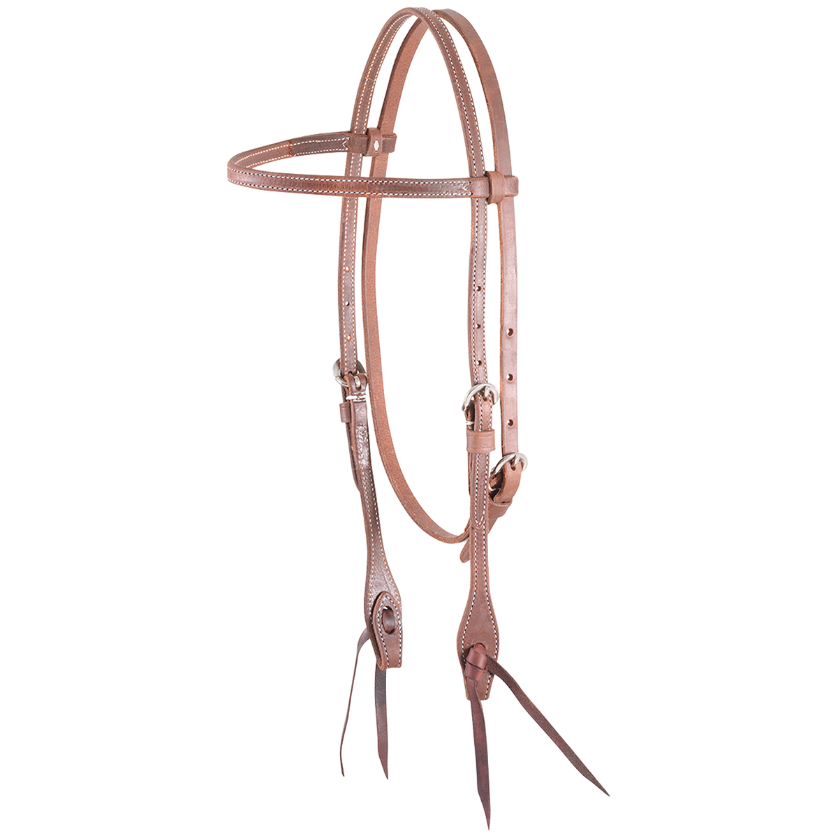 Natural harness leather browband headstall, seen from the front quarter. The 1/2-inch stitched straps have buckles at the cheeks and bit ties at the ends.