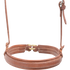 Front of a natural stitched harness noseband, seen up close. The wide lined nose piece curves around to a ring at the back, with leather hangers rising from each side.