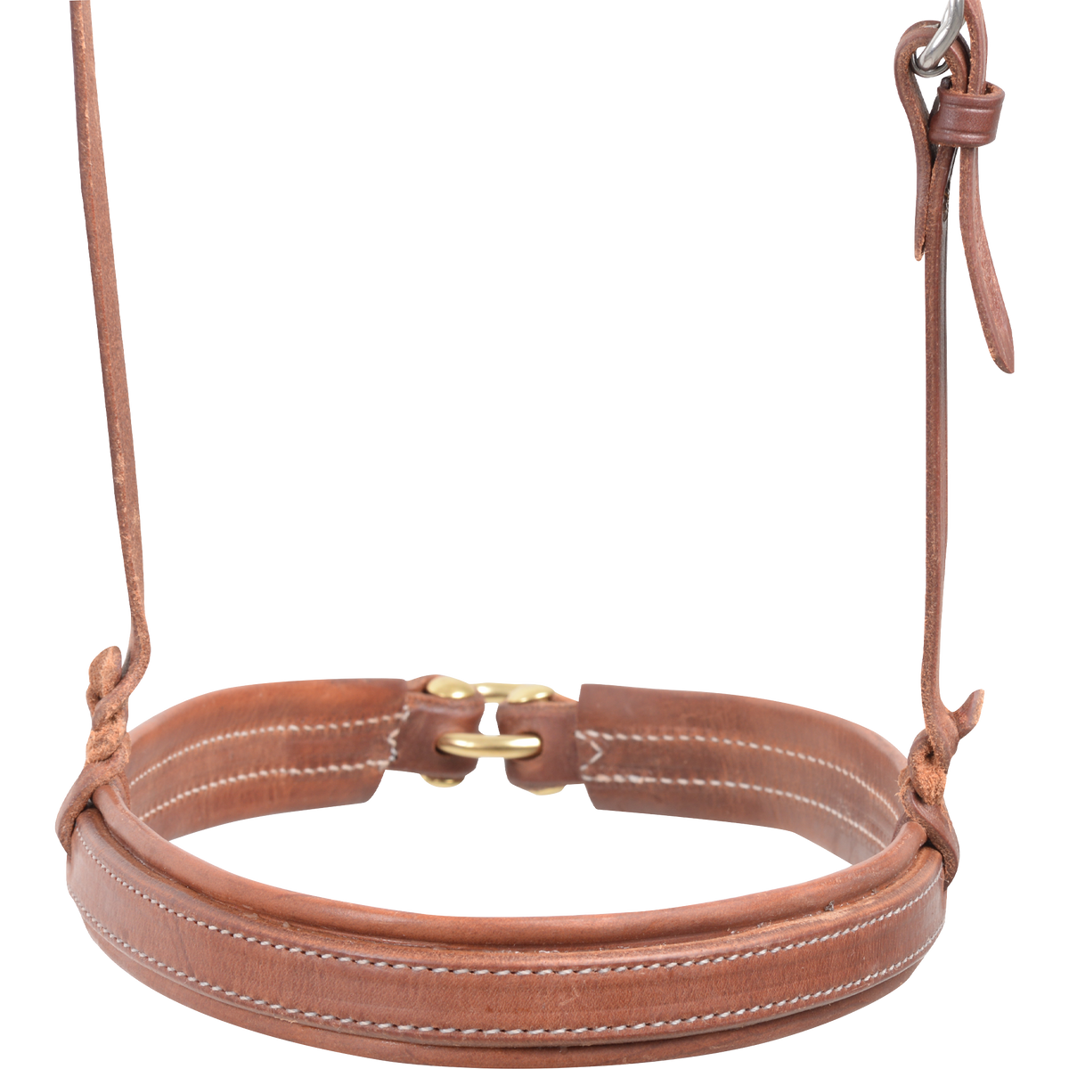 Front of a natural stitched harness noseband, seen up close. The wide lined nose piece curves around to a ring at the back, with leather hangers rising from each side.