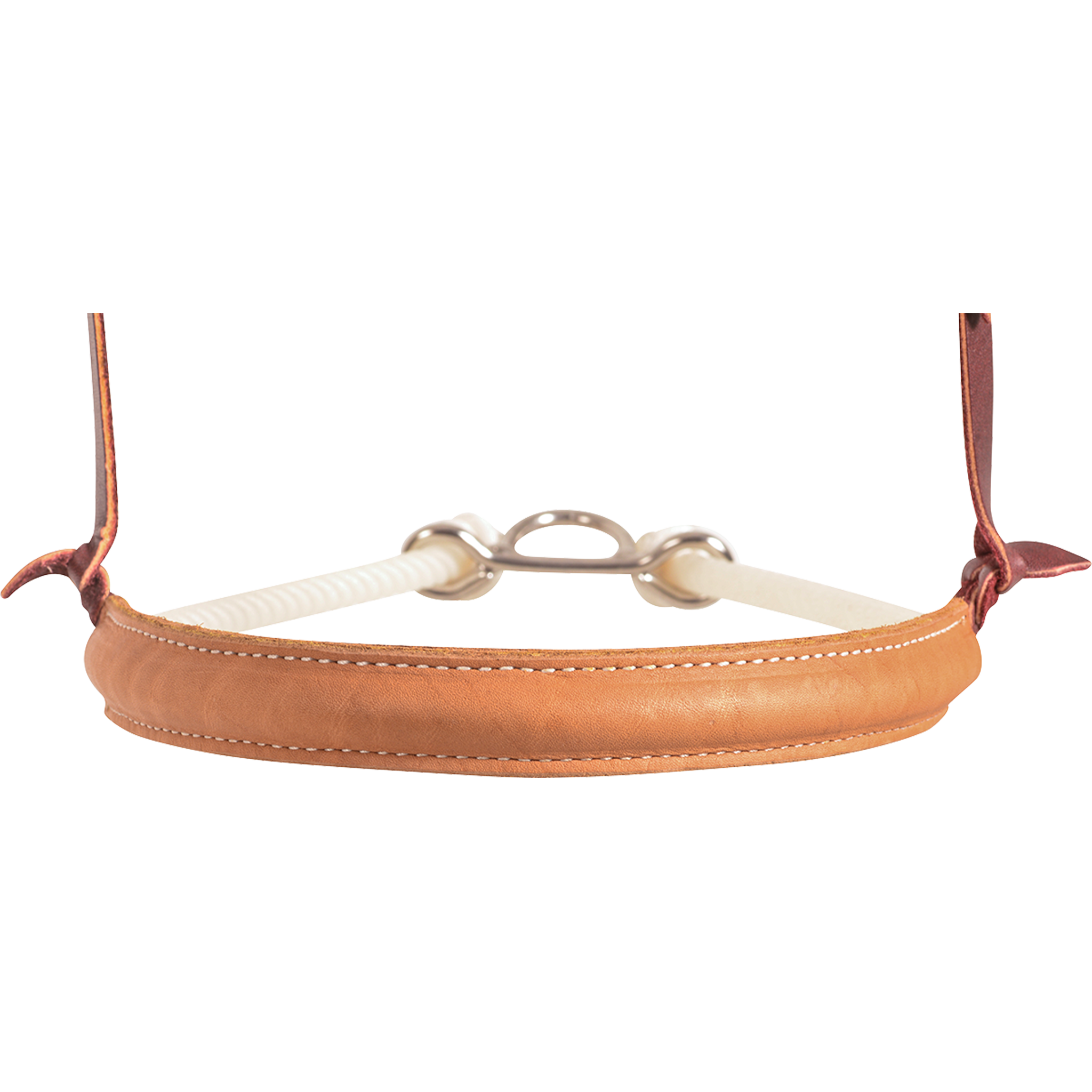 Tan chap leather cover of a single rope noseband, seen from the front. White stitching runs along the smooth natural leather, with white rope and a metal connector behind.