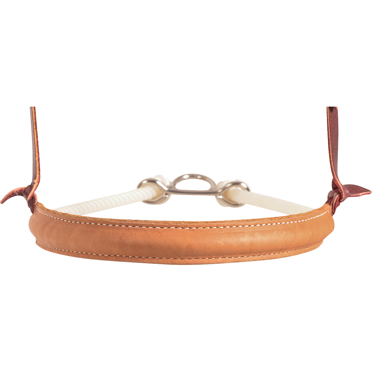 Tan chap leather cover of a single rope noseband, seen from the front. White stitching runs along the smooth natural leather, with white rope and a metal connector behind.