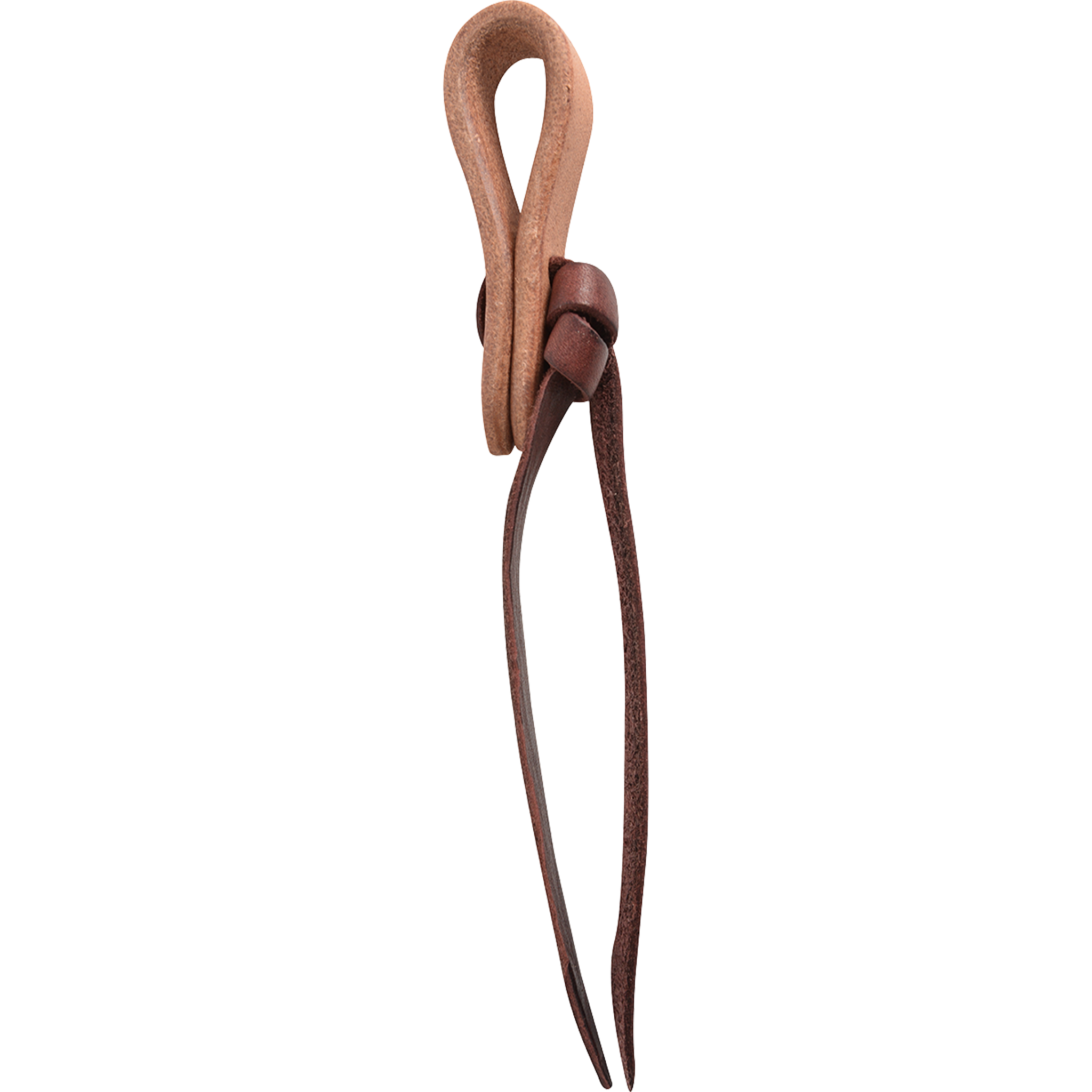 Natural water loop rein end seen from the side. The light leather folds into a loop, held by a dark tie string knotted around it.