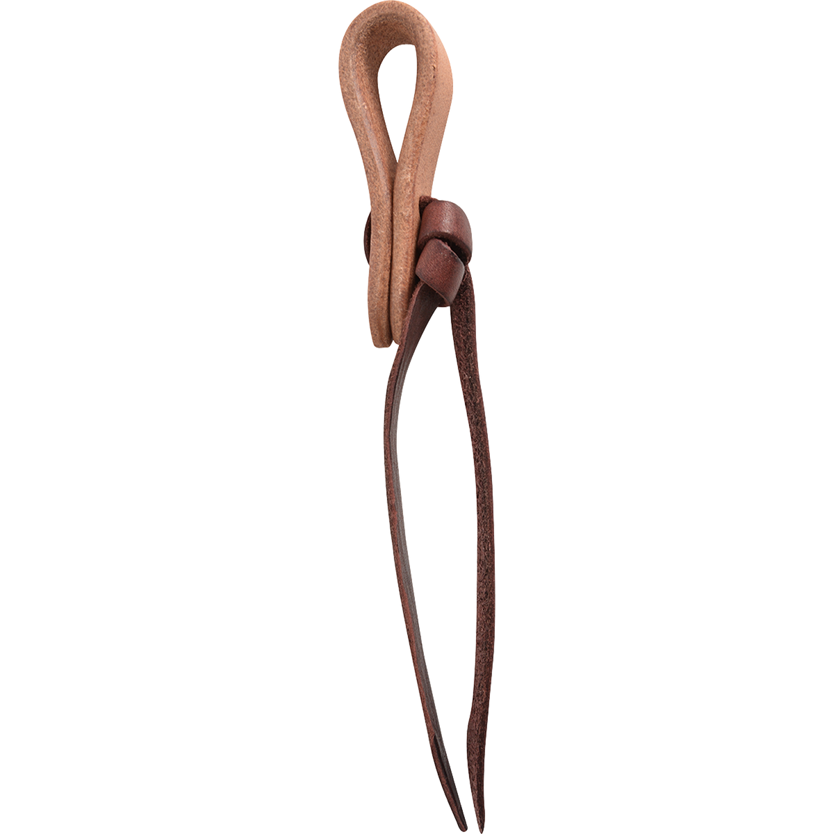 Natural water loop rein end seen from the side. The light leather folds into a loop, held by a dark tie string knotted around it.
