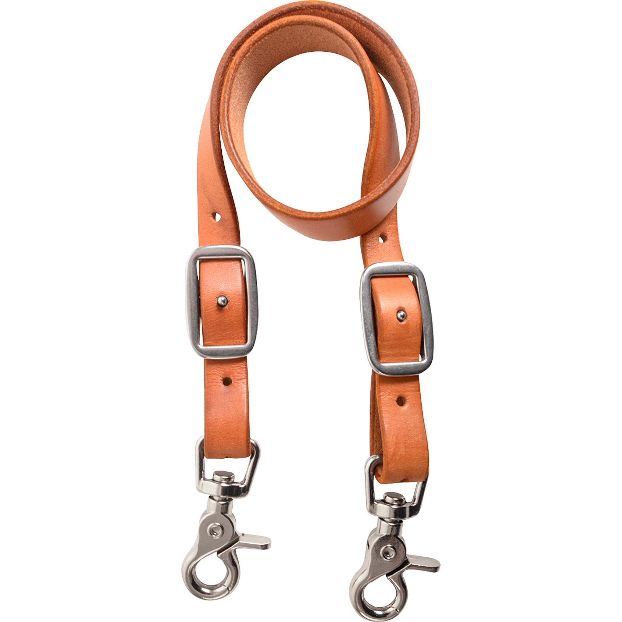 Natural leather wither strap for a breastcollar, looped and seen from the front. Each end has a buckle for adjustment and a snap to attach to the breastcollar rings.