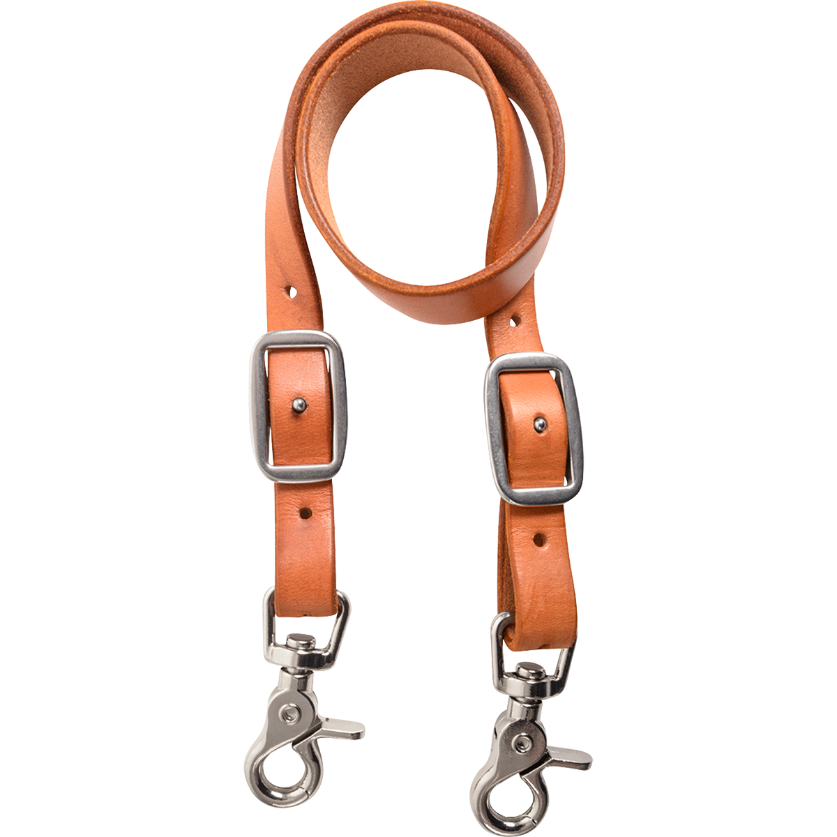 Natural leather wither strap for a breastcollar, looped and seen from the front. Each end has a buckle for adjustment and a snap to attach to the breastcollar rings.