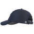 Navy relaxed-fit cap seen from the side, showing the soft crown and precurved bill. An adjustable strap closes at the back.