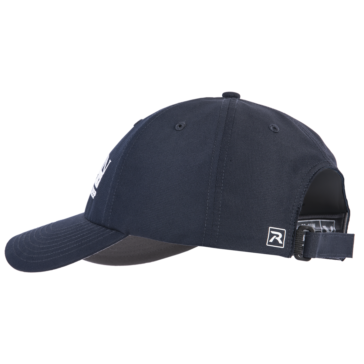 Navy relaxed-fit cap seen from the side, showing the soft crown and precurved bill. An adjustable strap closes at the back.
