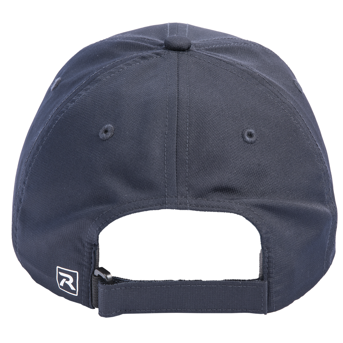 Navy sport hat seen from the back. An adjustable strap with a buckle closes the opening on the six-panel crown.