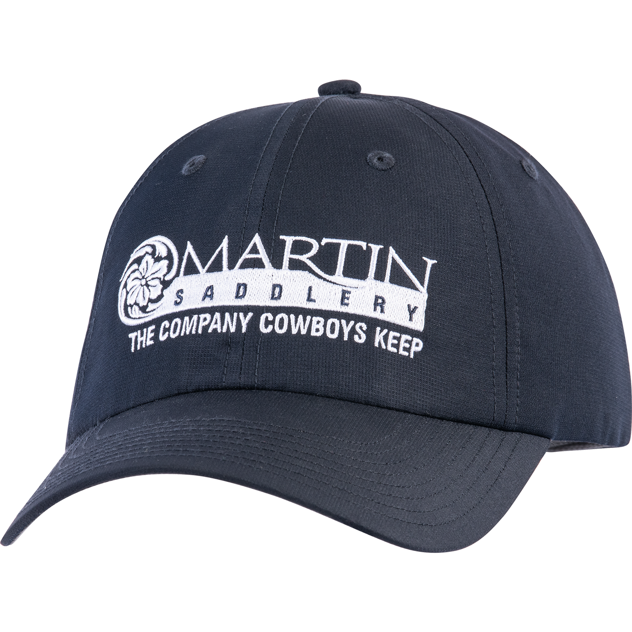 Navy Sport LT cap seen from the front at a slight angle. A white flat embroidered Martin Saddlery logo with the words The Company Cowboys Keep sits on the soft, unstructured crown.