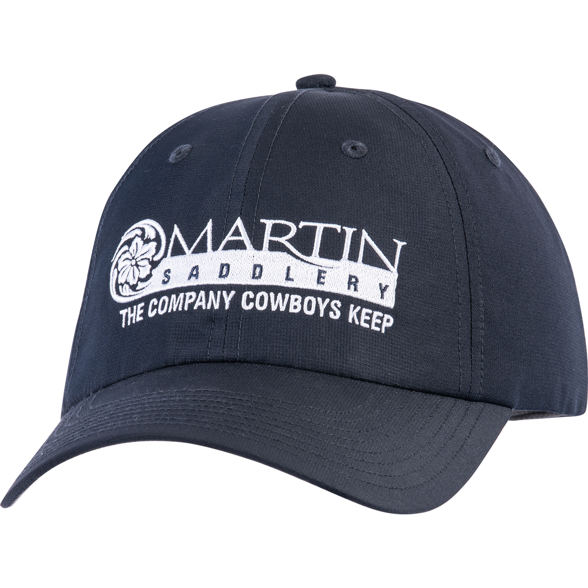Navy Sport LT cap seen from the front at a slight angle. A white flat embroidered Martin Saddlery logo with the words The Company Cowboys Keep sits on the soft, unstructured crown.