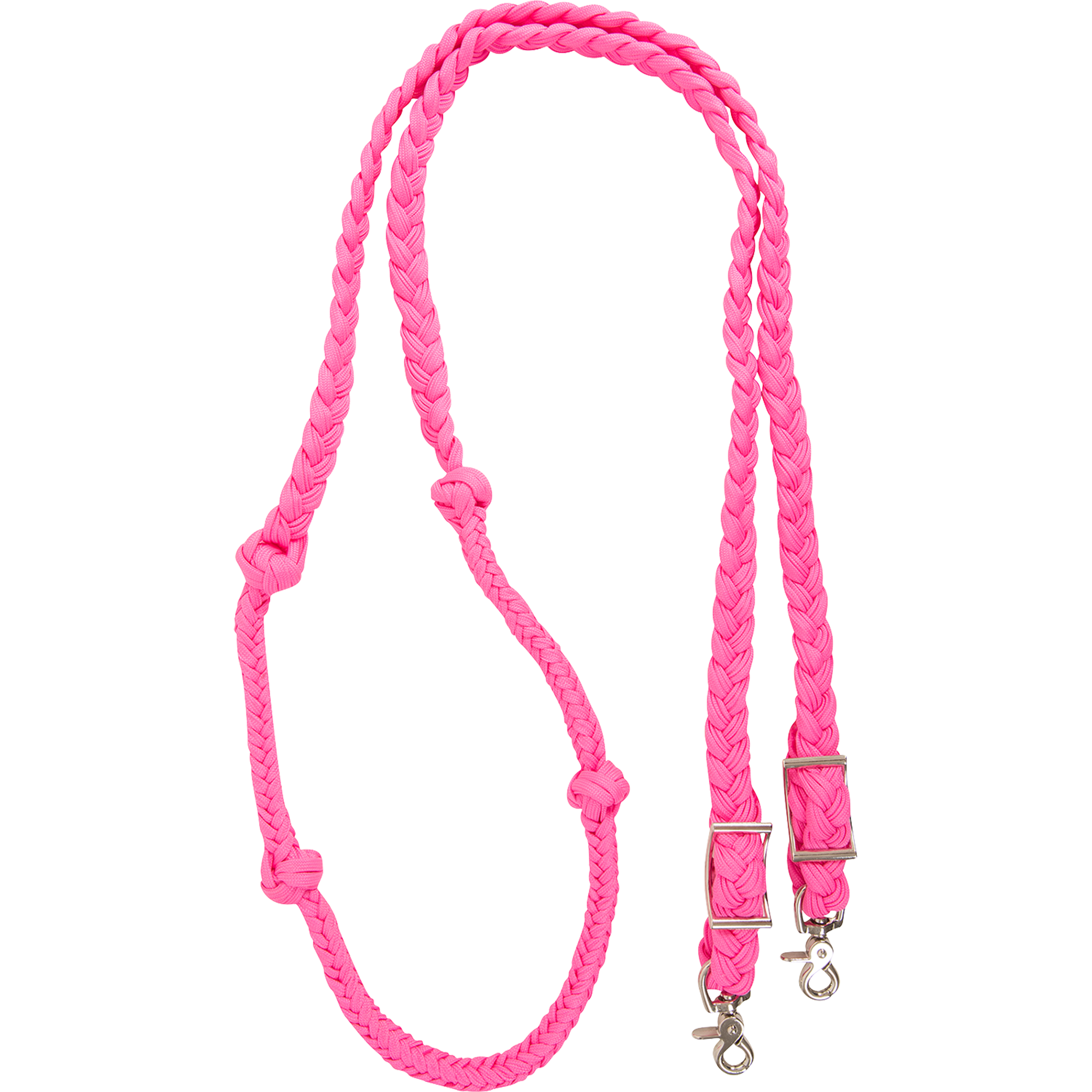 Pink braided barrel rein with knots, coiled and seen from above. The 1-inch braided nylon rein has knots placed along both sides for a consistent grip and ends in buckles with snaps.