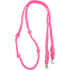Pink braided barrel rein with knots, coiled and seen from above. The 1-inch braided nylon rein has knots placed along both sides for a consistent grip and ends in buckles with snaps.