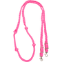 Pink braided barrel rein with knots, coiled and seen from above. The 1-inch braided nylon rein has knots placed along both sides for a consistent grip and ends in buckles with snaps.