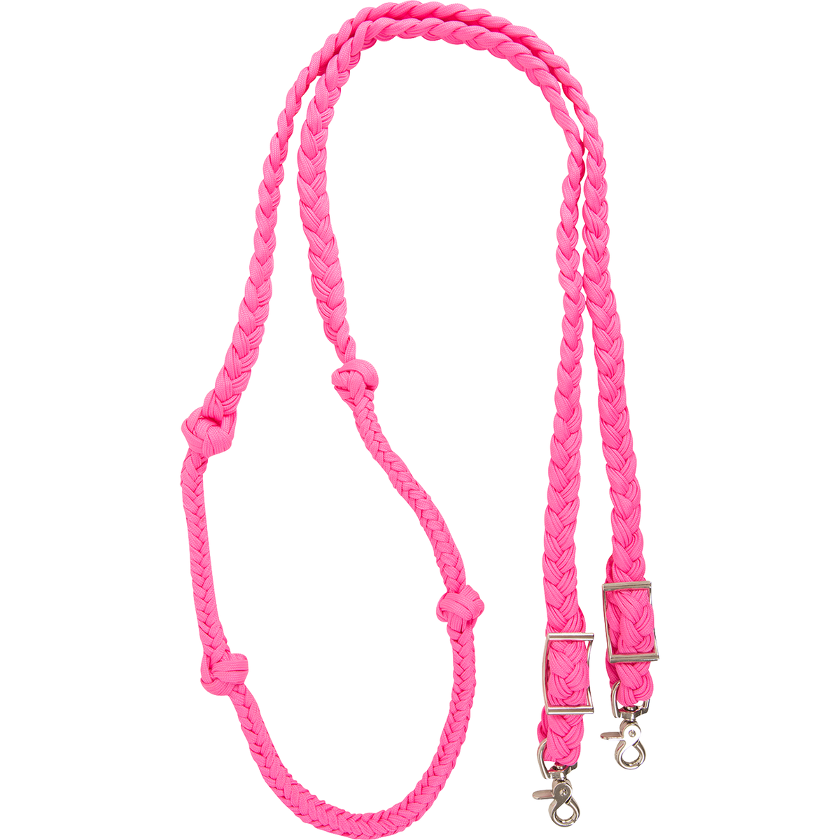 Pink braided barrel rein with knots, coiled and seen from above. The 1-inch braided nylon rein has knots placed along both sides for a consistent grip and ends in buckles with snaps.