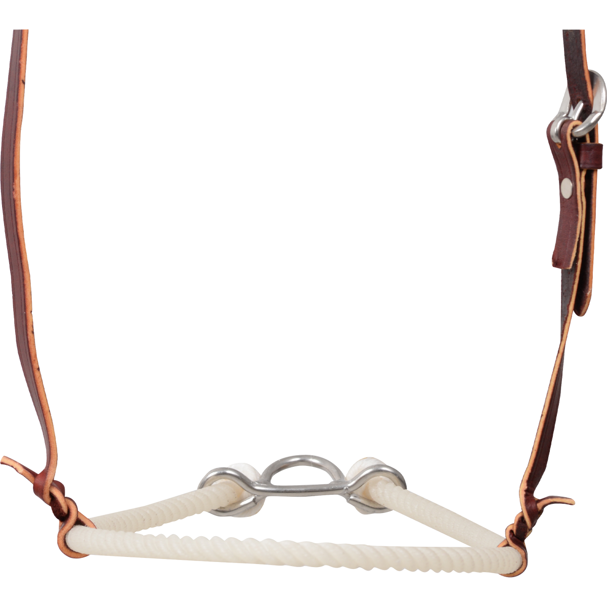 Plain rope noseband seen from the front, with the white rope forming the nose piece. Leather hangers rise from each side, and a metal connector joins the rope behind.