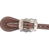 Prescott buckle on a chocolate roughout spur strap, seen up close. Engraving covers the scalloped buckle frame, with white stitching on the leather around it.