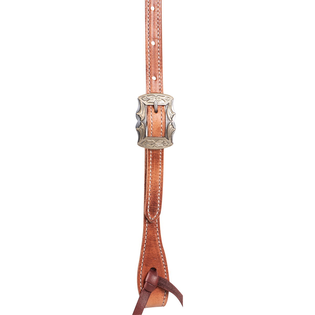 Harness leather headstall cheek seen up close, with an engraved Prescott buckle above a latigo bit tie. White stitching follows both edges of the strap.