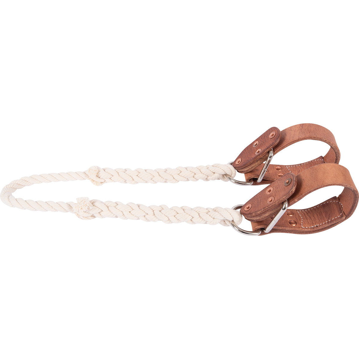 Sideline hobbles, laid flat and seen from above. Braided white rope joins leather pastern straps with rings and riveted leather tabs.