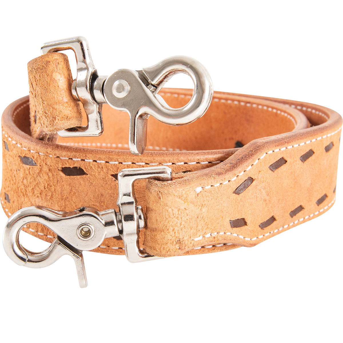 Swivel snaps on a rolled natural roughout rope can strap, seen up close. The roughout leather folds through each snap, with chocolate buckstitching along the strap.