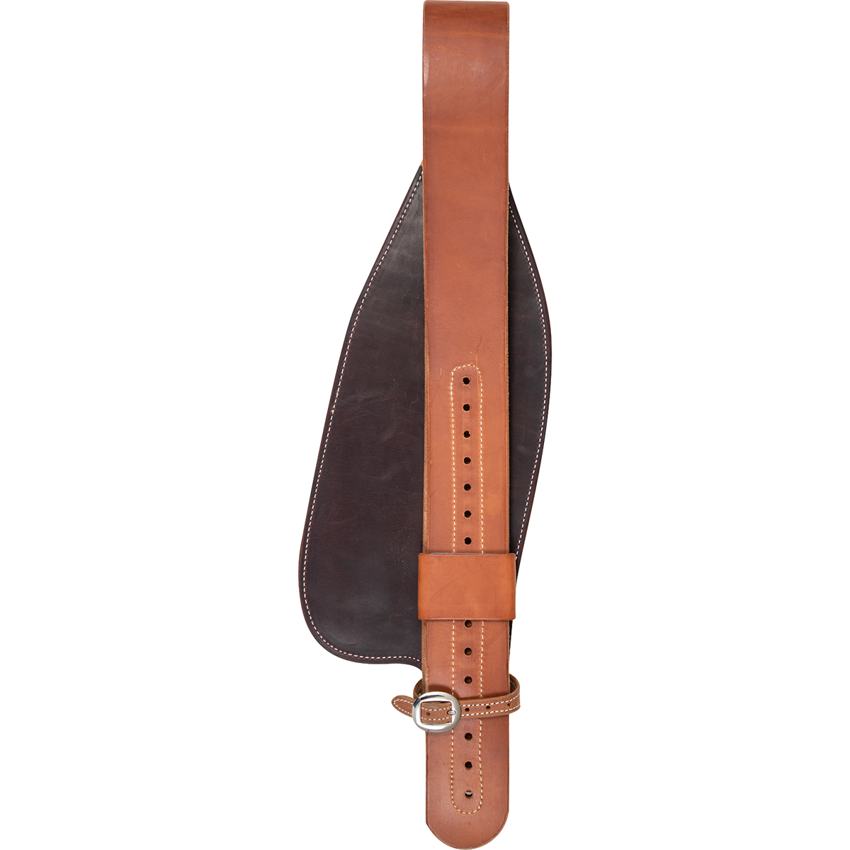 Back of a replacement fender for a roper saddle, with the stirrup leather running down the center. The adjustment holes, keeper and buckled strap are visible against the dark fender lining.