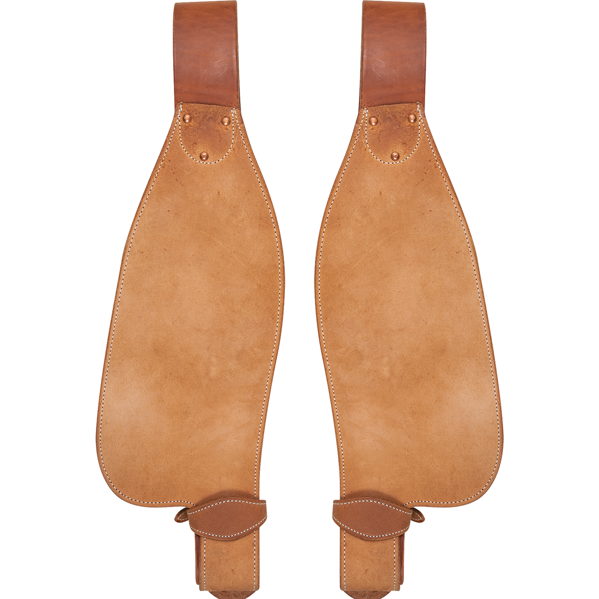 Roper style replacement fenders shown as a pair. The top-grade leather fenders have a roughout face with stitched edges and stirrup leathers at the top.