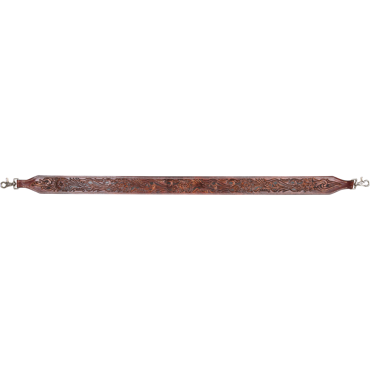 Chestnut floral tooled rope can strap laid out straight, seen from above. Tooling runs the full length between the swivel snaps.
