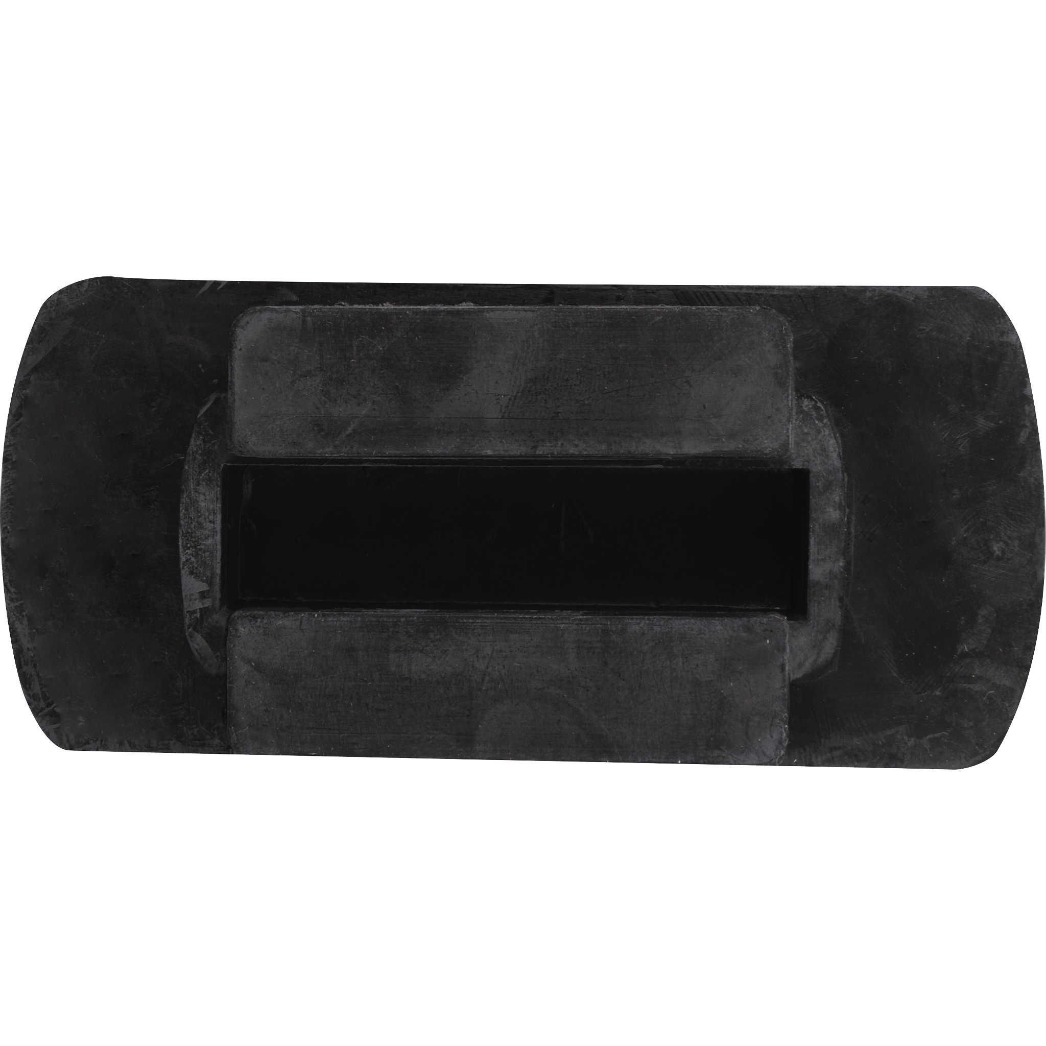 Underside of a rubber stirrup tread insert, seen from above. A raised mounting block with a center slot sits on the flat black base.