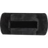 Underside of a rubber stirrup tread insert, seen from above. A raised mounting block with a center slot sits on the flat black base.