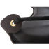 Corner of a leather seat shrinker, seen up close. A black strap passes through a grommet in the stitched leather tab.
