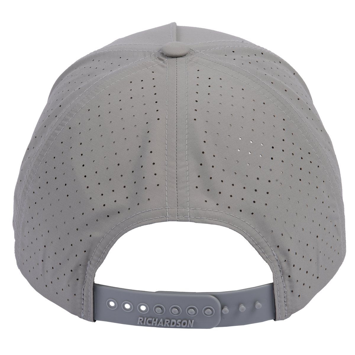 Silver snapback cap seen from the back. Laser-perforated panels cover the crown above the adjustable snap closure.