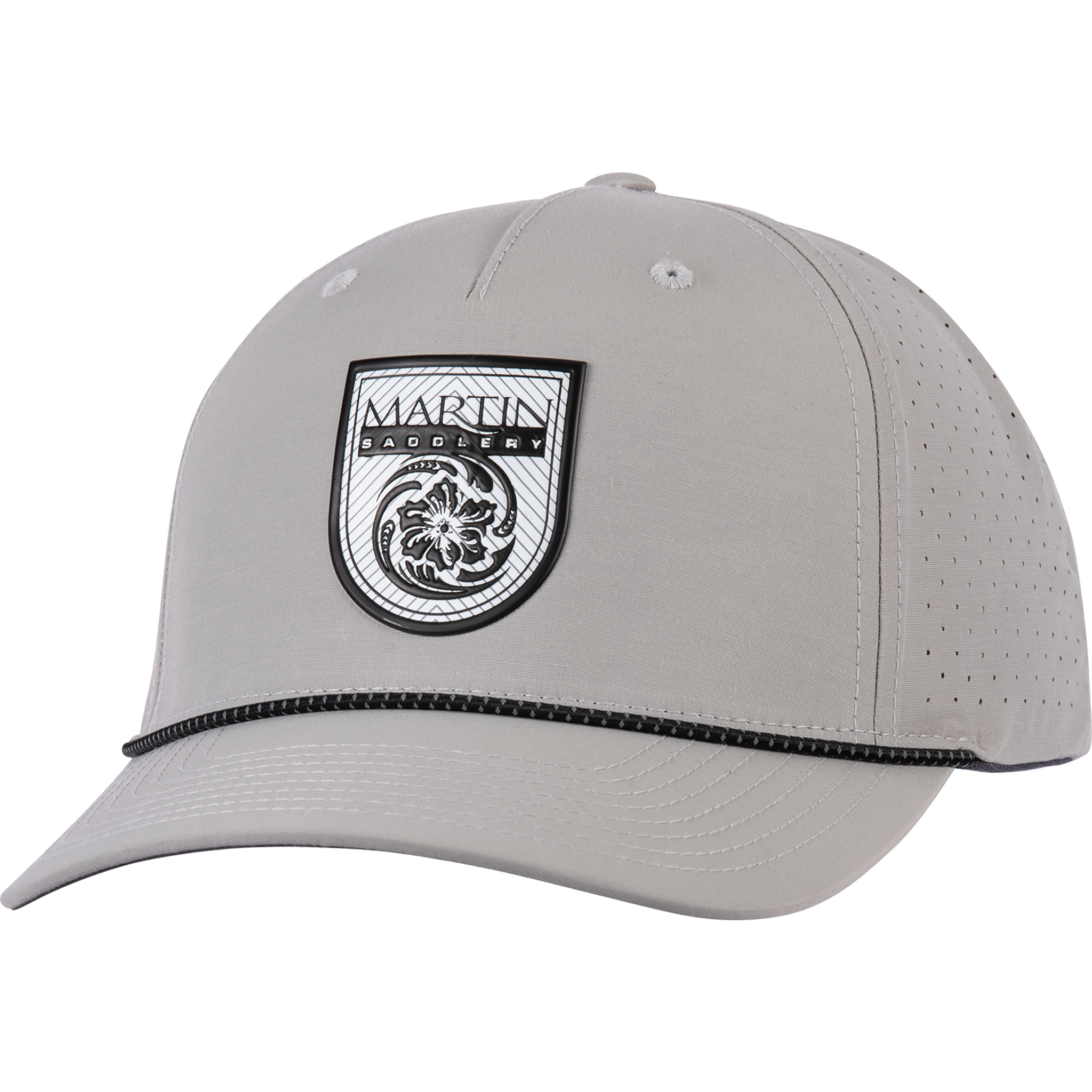 Silver performance cap seen from the front at a slight angle. A black and white Martin Saddlery shield patch sits on the structured crown, with a black rope across the precurved bill and perforated side panels.