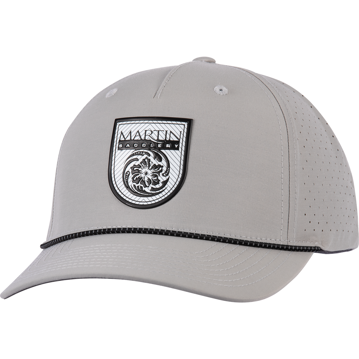 Silver performance cap seen from the front at a slight angle. A black and white Martin Saddlery shield patch sits on the structured crown, with a black rope across the precurved bill and perforated side panels.