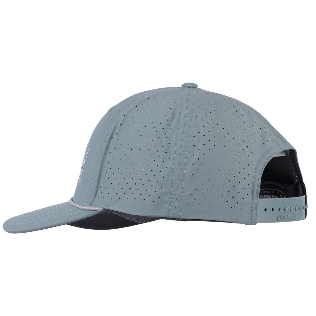 Smoke blue performance hat seen from the side, showing the laser-perforated panels along the crown. A light rope runs along the bill, and a snap closure sits at the back.