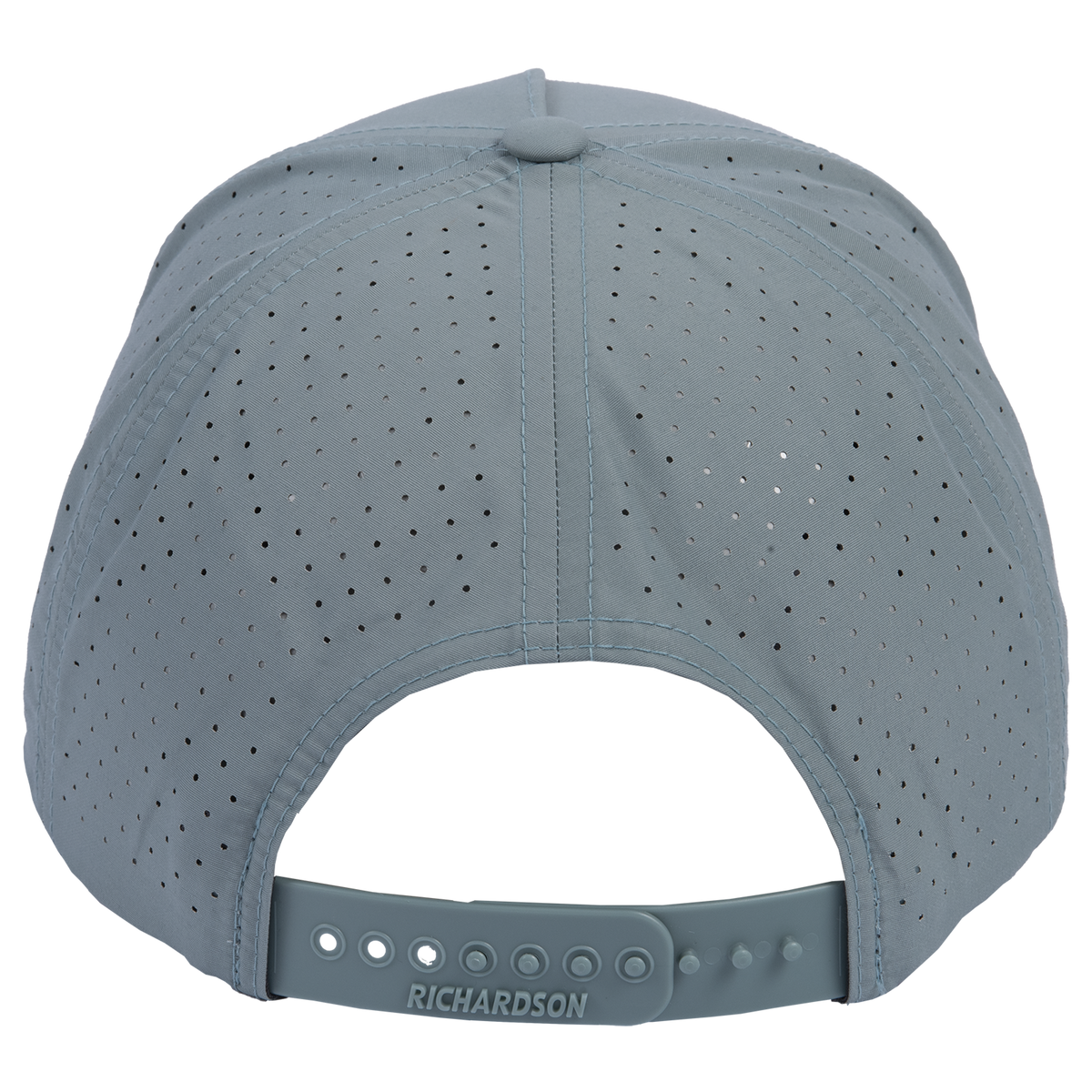 Smoke blue snapback cap seen from the back. Laser-perforated panels cover the crown above the adjustable snap closure.
