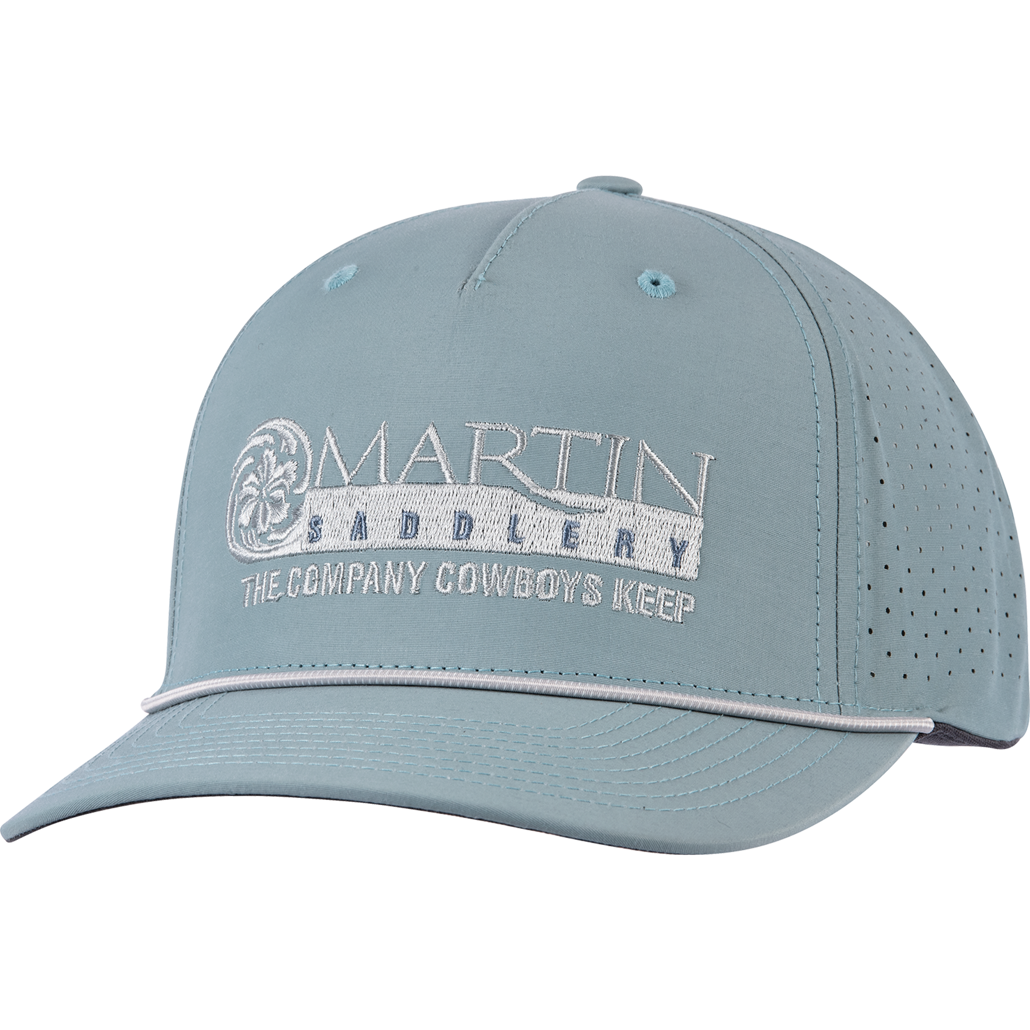 Smoke blue performance cap seen from the front at a slight angle. A light embroidered Martin Saddlery logo reads The Company Cowboys Keep on the structured crown, above a rope across the precurved bill.