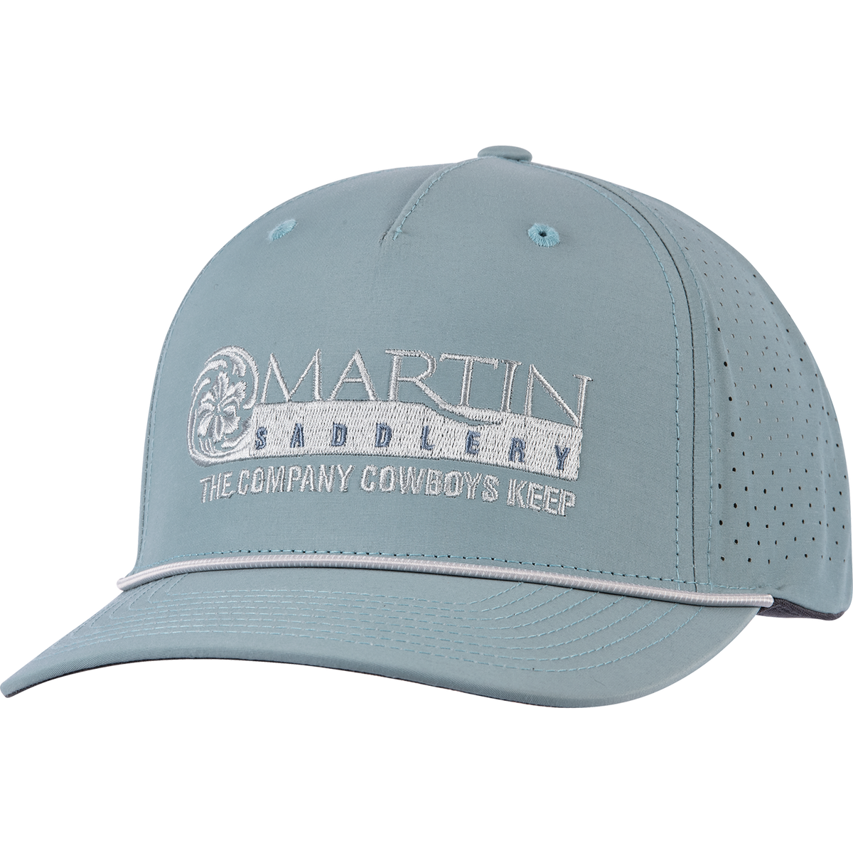 Smoke blue performance cap seen from the front at a slight angle. A light embroidered Martin Saddlery logo reads The Company Cowboys Keep on the structured crown, above a rope across the precurved bill.