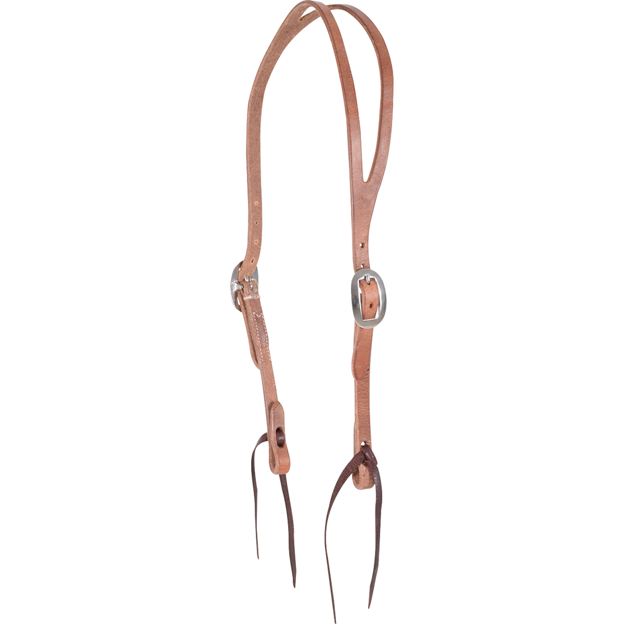 Natural harness leather split ear headstall, seen from the front quarter. The 5/8-inch straps adjust with a cart buckle on each cheek and end in dark bit ties.