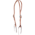 Natural harness leather split ear headstall, seen from the front quarter. The 5/8-inch straps adjust with a cart buckle on each cheek and end in dark bit ties.