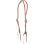 Natural harness leather split ear headstall, seen from the front quarter. The 5/8-inch straps adjust with a cart buckle on each cheek and end in dark bit ties.