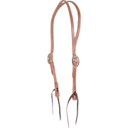 Natural harness leather split ear headstall, seen from the front quarter. The 5/8-inch straps adjust with a cart buckle on each cheek and end in dark bit ties.