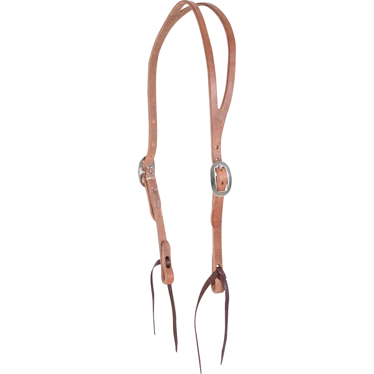 Natural harness leather split ear headstall, seen from the front quarter. The 5/8-inch straps adjust with a cart buckle on each cheek and end in dark bit ties.