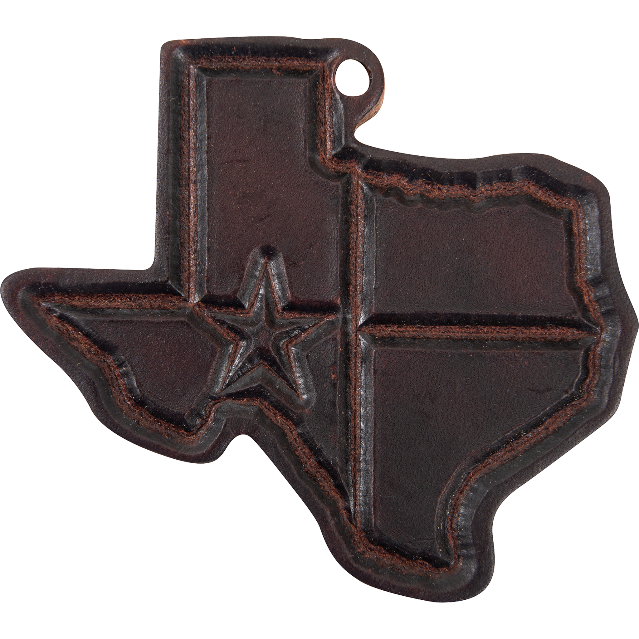 Texas shaped leather air freshener in dark brown, seen from the front. The Texas flag design with a raised star is stamped into the leather, with a hanging hole at the top.
