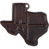 Texas shaped leather air freshener in dark brown, seen from the front. The Texas flag design with a raised star is stamped into the leather, with a hanging hole at the top.