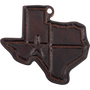Texas shaped leather air freshener in dark brown, seen from the front. The Texas flag design with a raised star is stamped into the leather, with a hanging hole at the top.