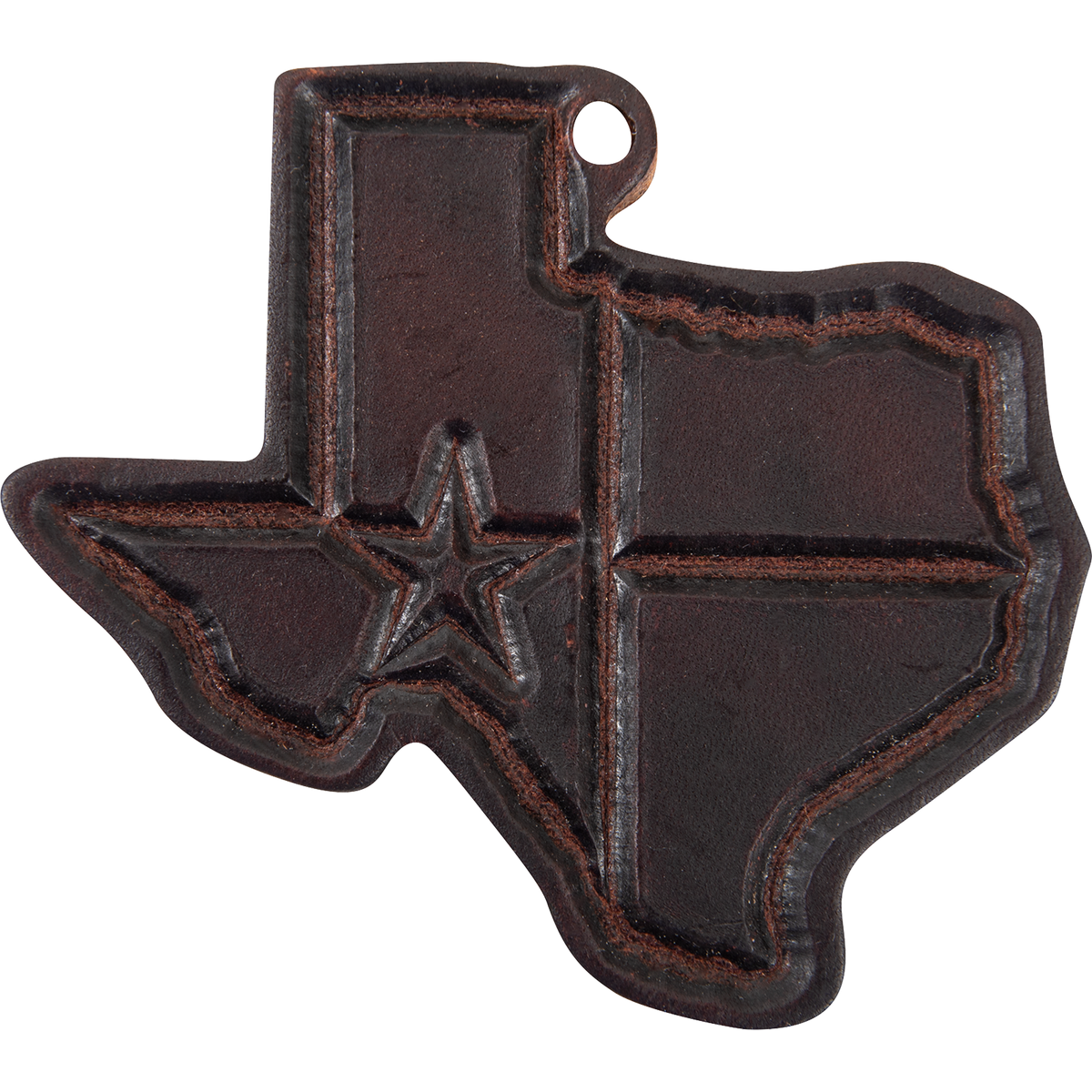 Texas shaped leather air freshener in dark brown, seen from the front. The Texas flag design with a raised star is stamped into the leather, with a hanging hole at the top.